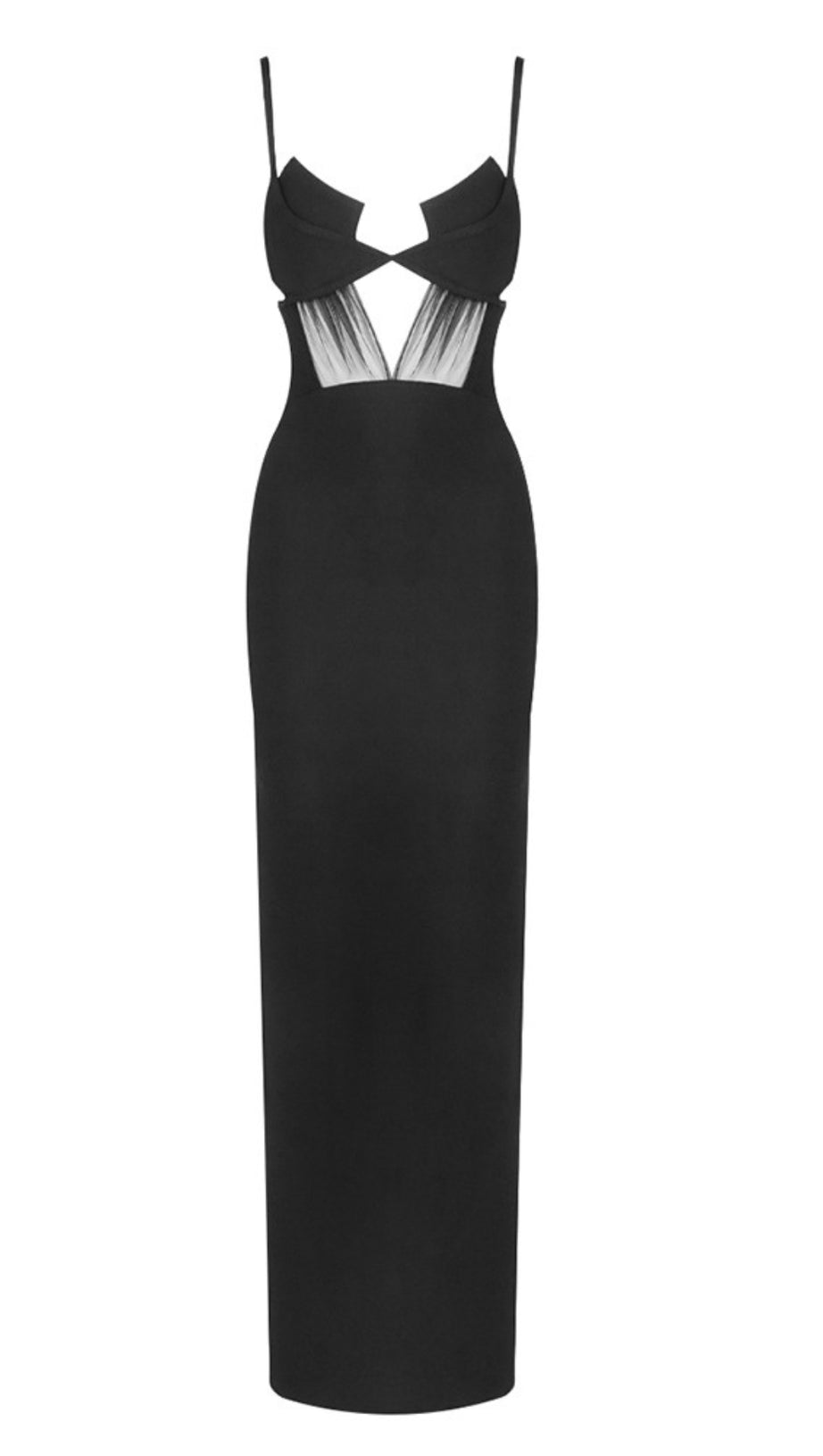 SPAGHETTI STRAP CUT OUT MESH INSERT MAXI DRESS IN BLACK