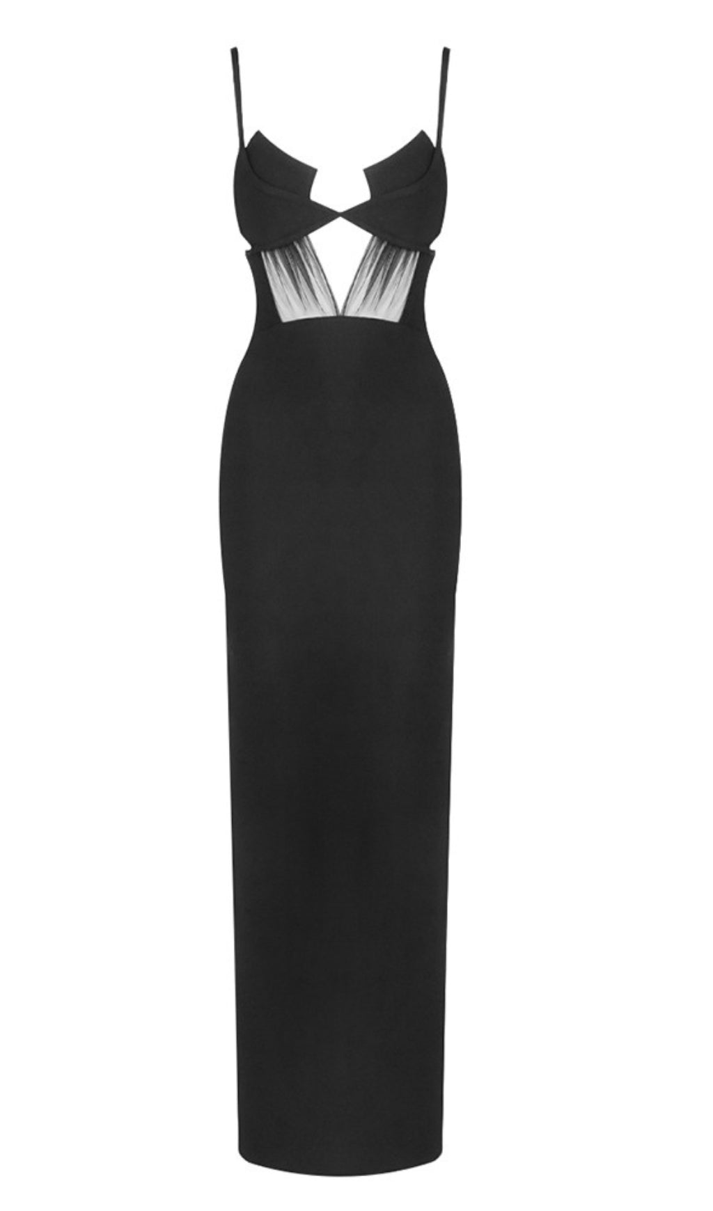 SPAGHETTI STRAP CUT OUT MESH INSERT MAXI DRESS IN BLACK