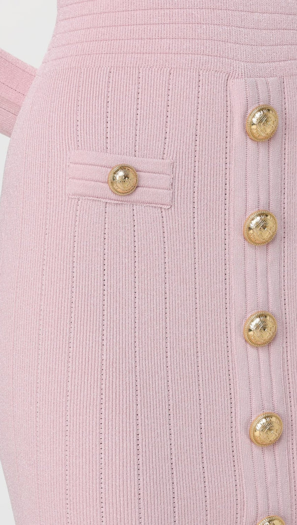 AIIZIE V-NECK METAL BUTTON KNITTED MINI DRESS IN PINK - product image