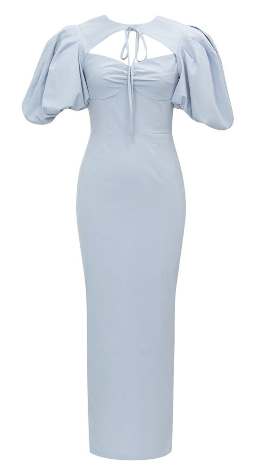 PUFF - SLEEVE CUTOUT - BACK MIDI DRESS IN LIGHT BLUE