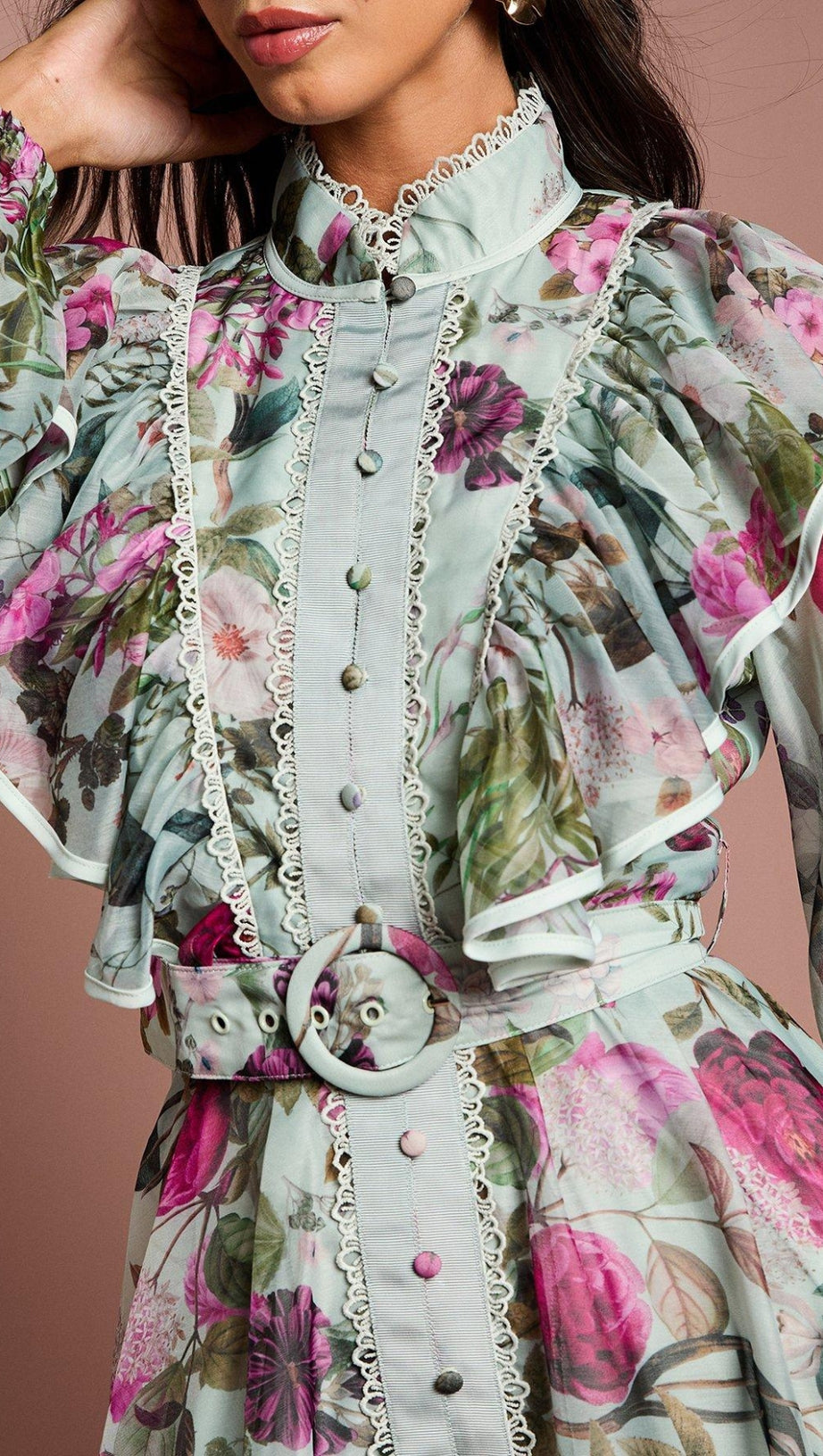 GREEN LONG SLEEVE PRINTED ORGANZA SHIRT MIDI DRESS