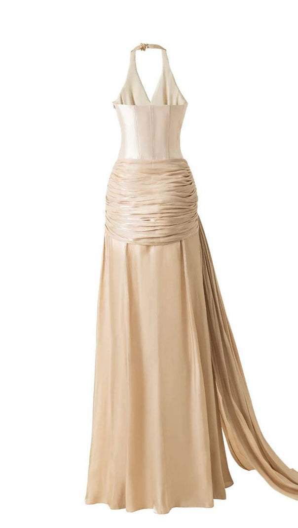 AIIZIE CORSET WAIST SILK BLEND HALTER FLOOR LENGTH DRESS IN CHAMPAGNE - product image
