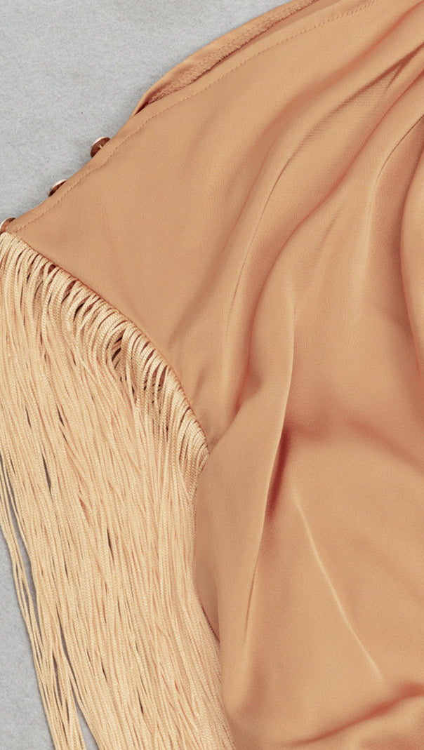 AIIZIE ASYMMETRIC FRINGE - TRIMMED SLIT MIDI DRESS IN BEIGE - product image