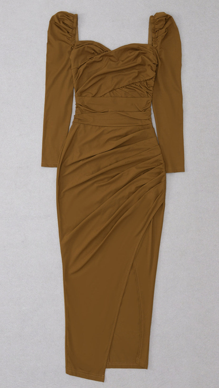 Braunes Midikleid mit eckigem Ausschnitt, Puffärmeln, gerafftem Schlitz