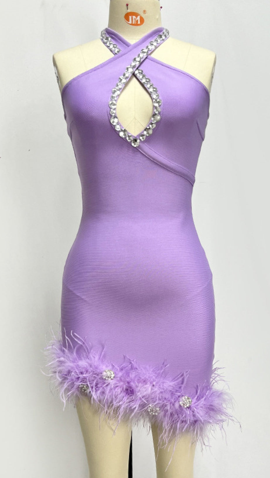HALTER NECK RHINESTONE CUTOUT FEATHER TRIM MINI DRESS IN LAVENDER