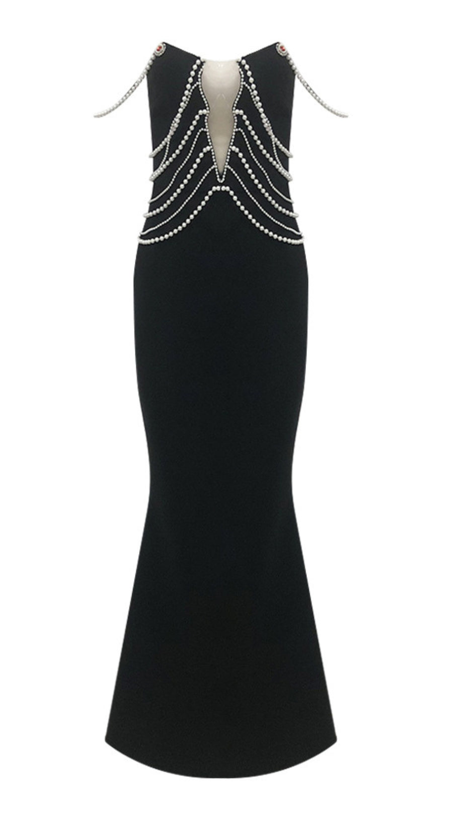 PEARL - CHAIN EMBELLISHED CUTOUT MERMAID GOWN IN BLACK