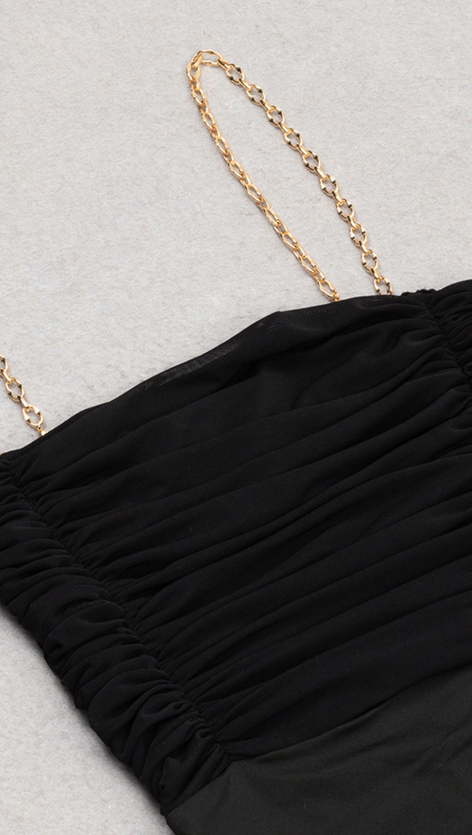 CHAIN - STRAP RUCHED RUFFLE - HEM MIDI DRESS IN BLACK