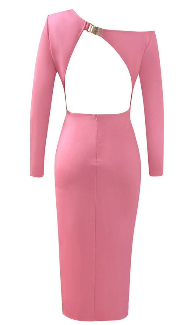 AIIZIE ONE - SHOULDER CUT - OUT RUCHED ASYMMETRIC MIDI DRESS IN PINK - product image