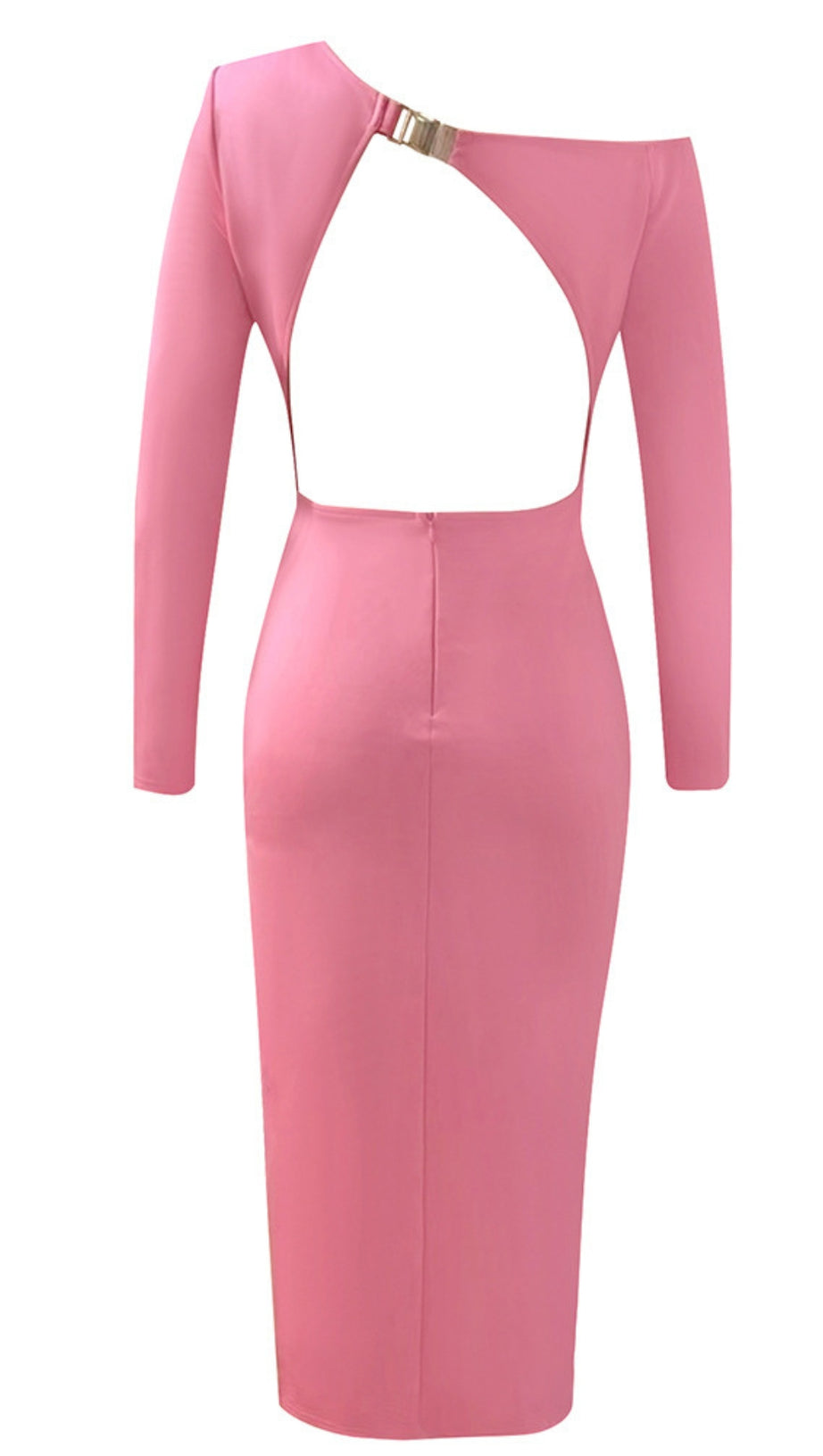 ONE - SHOULDER CUT - OUT RUCHED ASYMMETRIC MIDI DRESS IN PINK