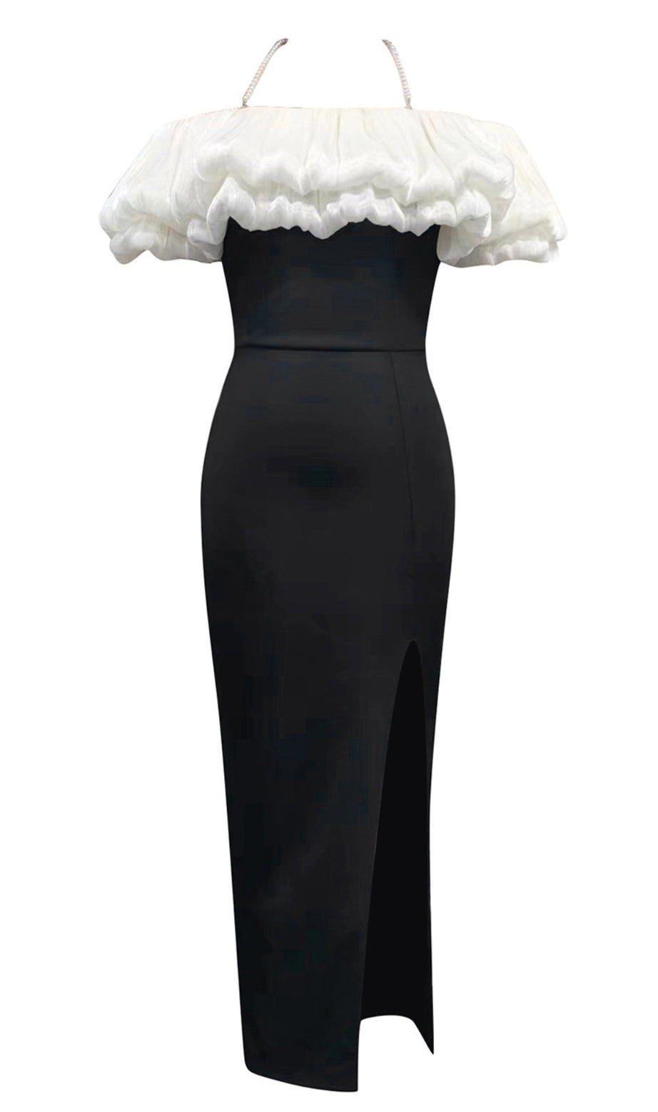 Schulterfreies Midikleid mit Rüschen und Schlitz in Schwarz