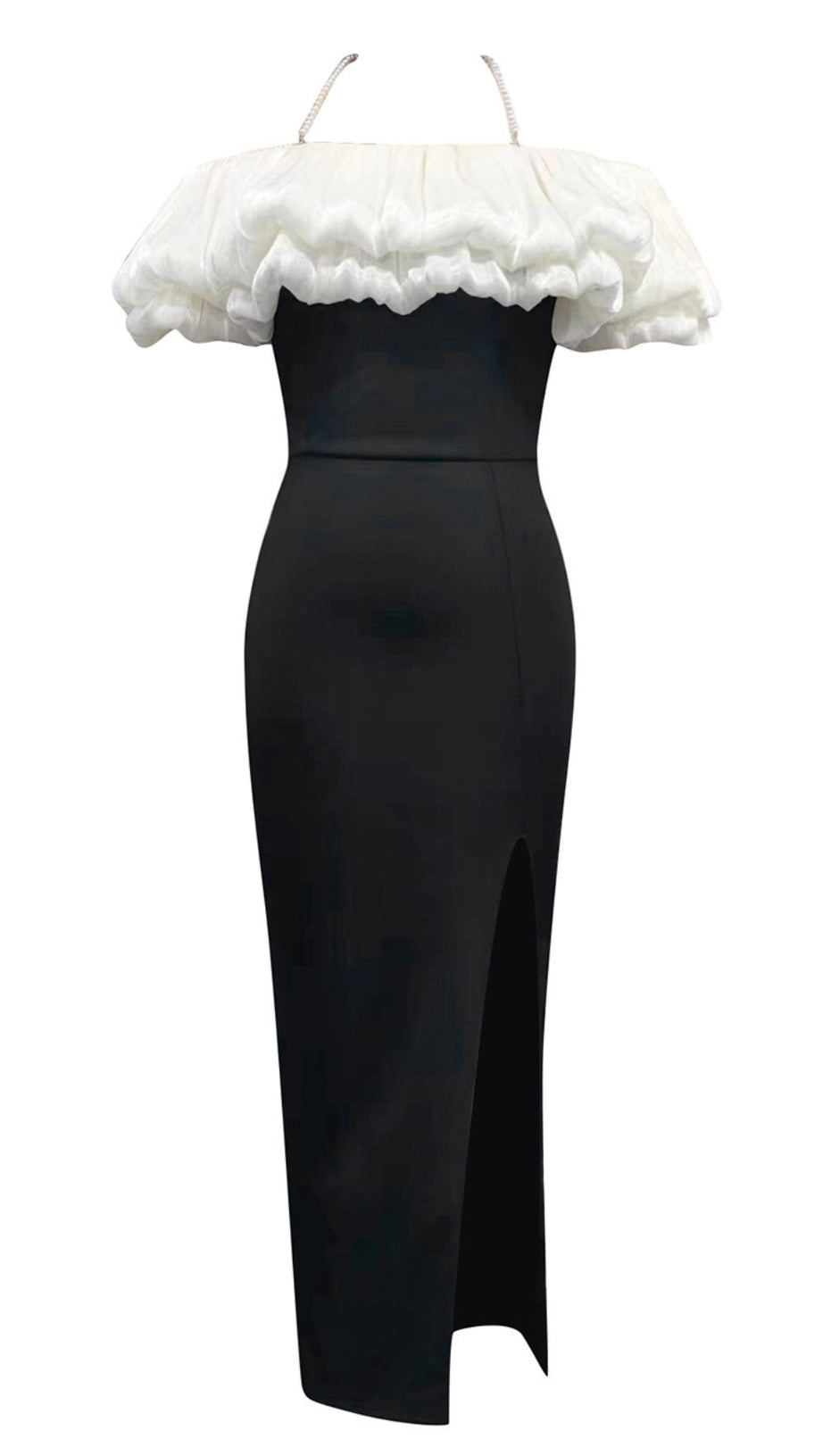 OFF - SHOULDER RUFFLED SLIT MIDI DRESS IN BLACK