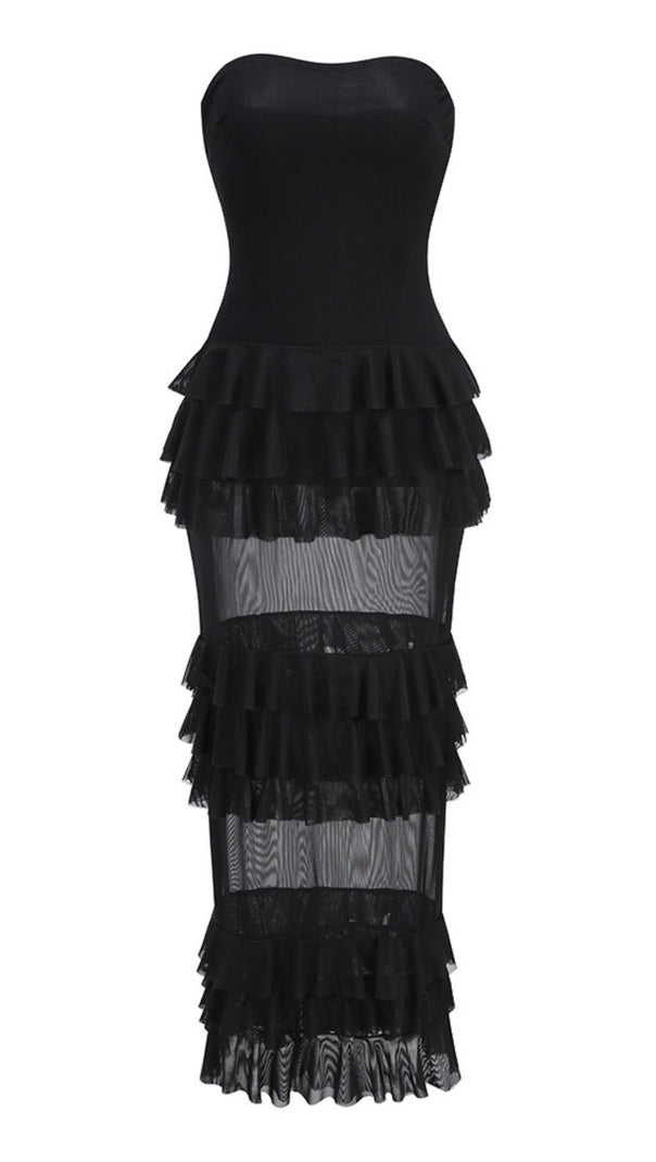 AIIZIE BLACK STRAPLESS TIERED RUFFLE MESH MIDI DRESS - product image
