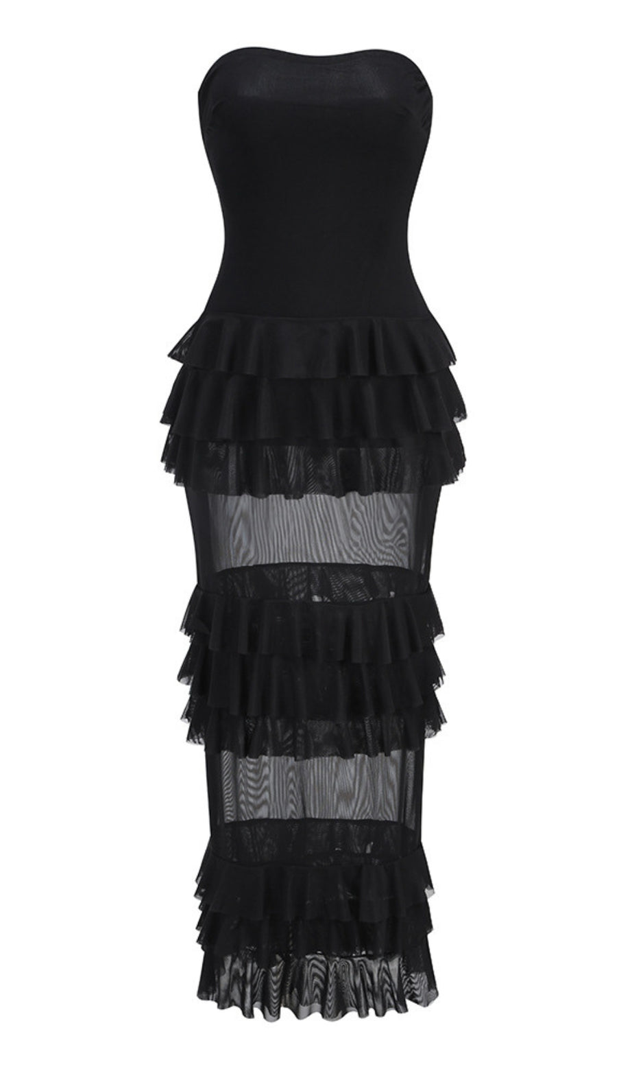 Black Strapless Tiered Ruffle Mesh Midi Dress