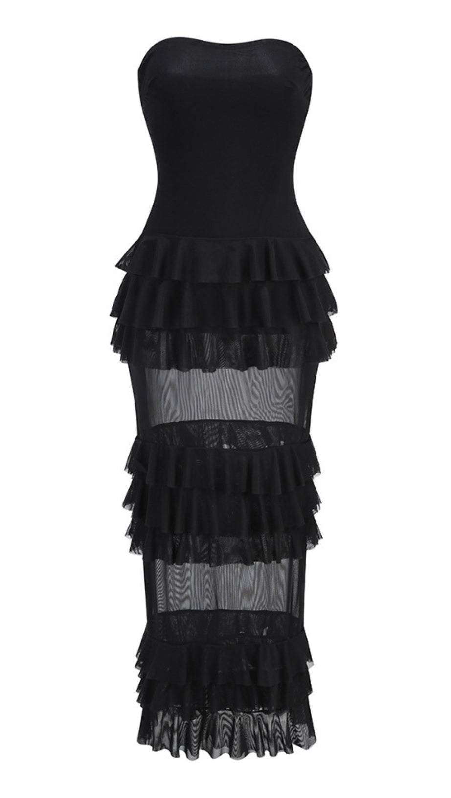 BLACK STRAPLESS TIERED RUFFLE MESH MIDI DRESS AIIZIE BLACK STRAPLESS TIERED RUFFLE MESH MIDI DRESS AIIZIE