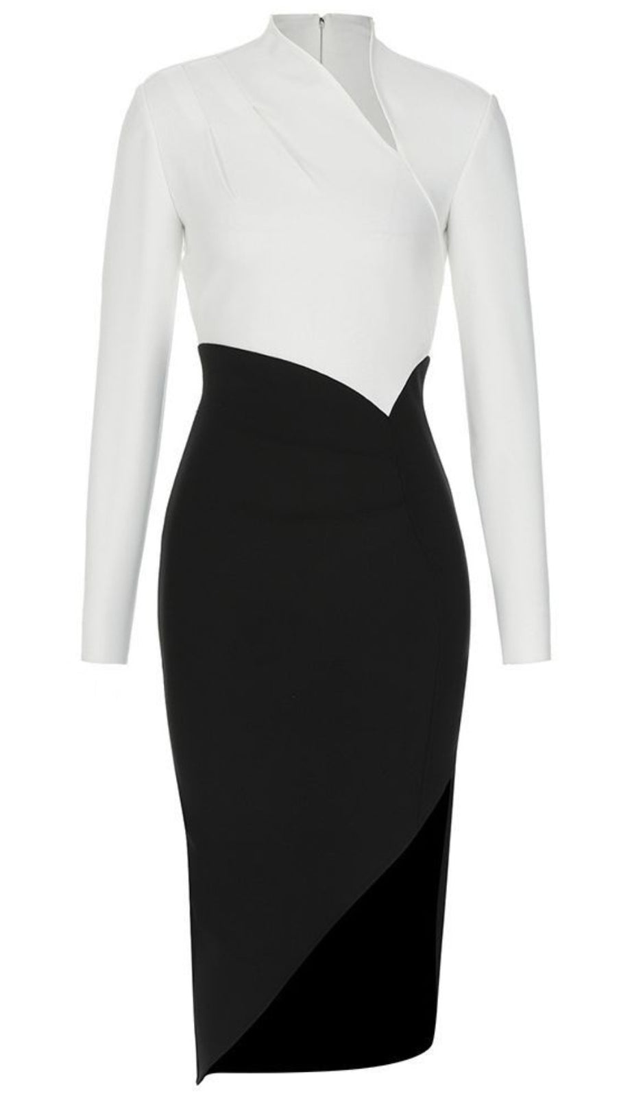 ASYMMETRIC WRAP MIDI DRESS IN BLACK AND WHITE
