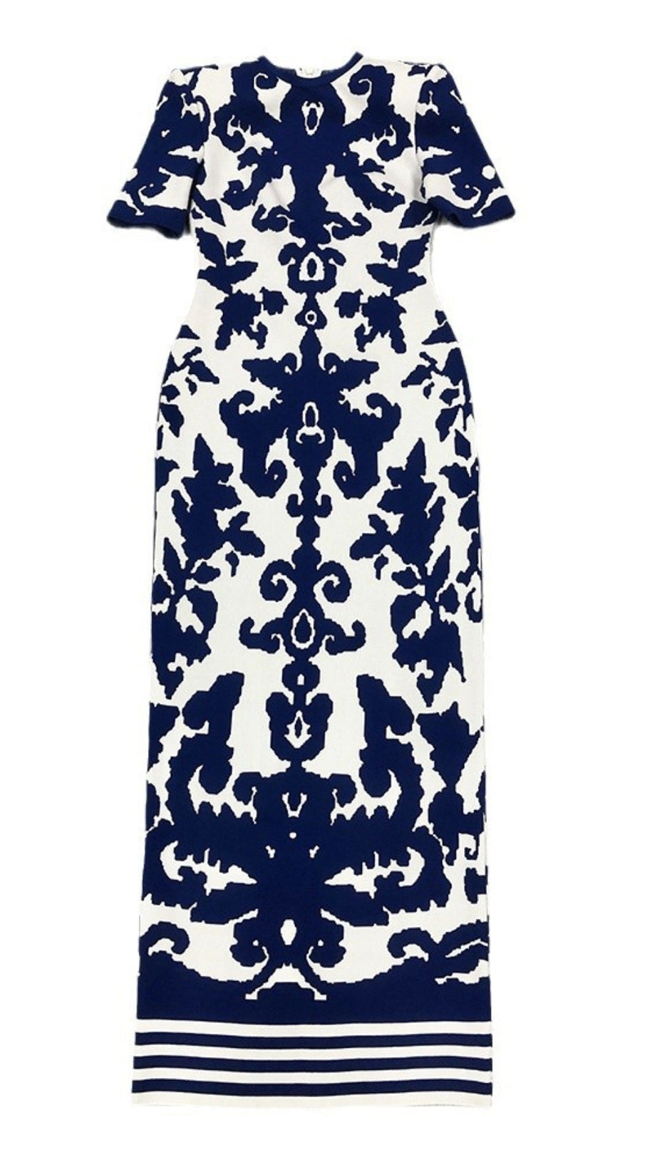 FLORAL - PATTERNED SHORT - SLEEVE MAXI DRESS IN NAVY - WHITE