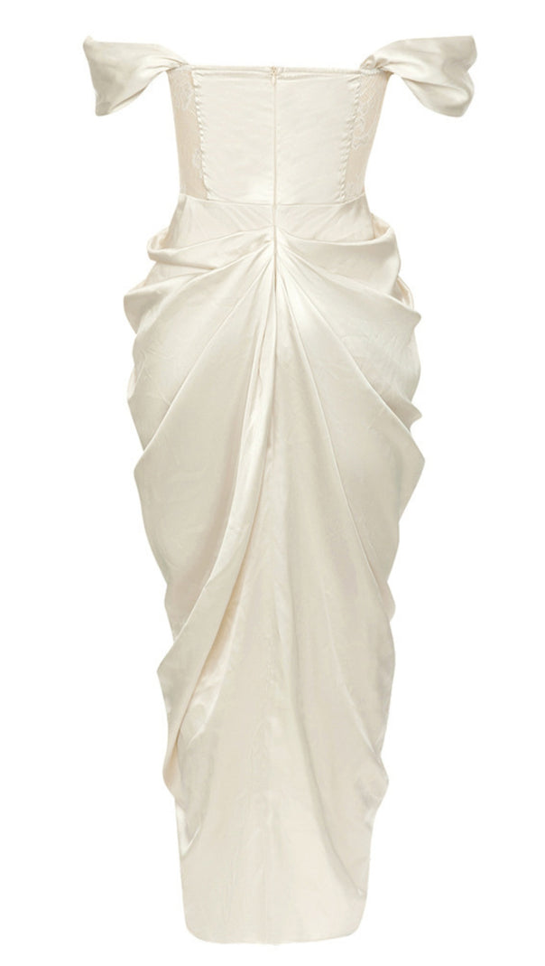 AIIZIE OFF - SHOULDER BOW - STRAP RUCHED SATIN MIDI DRESS IN IVORY - product image