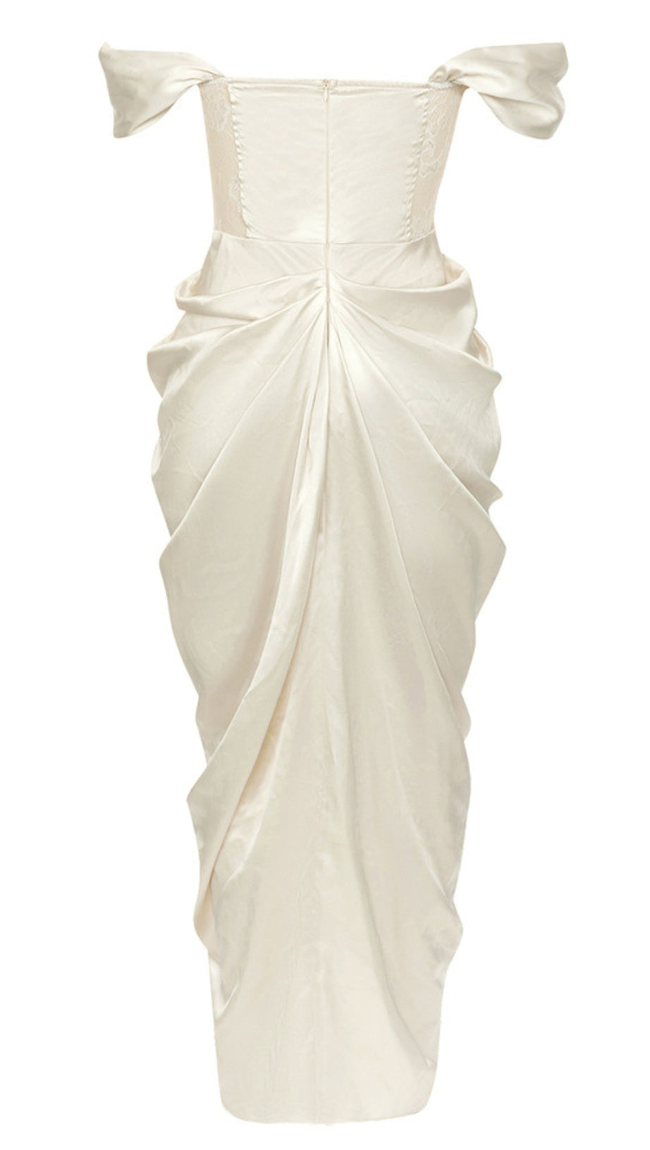 Schulterfreies Midikleid aus Satin mit Schleife und gerüschten Trägern in Elfenbein