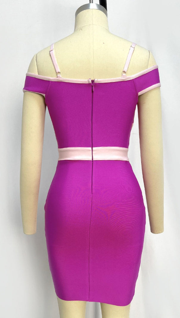 AIIZIE OFF SHOULDER CONTRAST TRIM BANDAGE MINI DRESS IN PURPLE - product image
