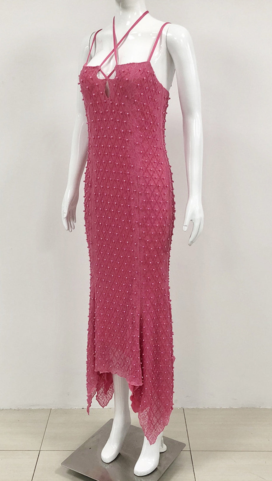 PEARL - EMBELLISHED CRISS - CROSS BACK ASYMMETRIC MIDI DRESS IN PINK