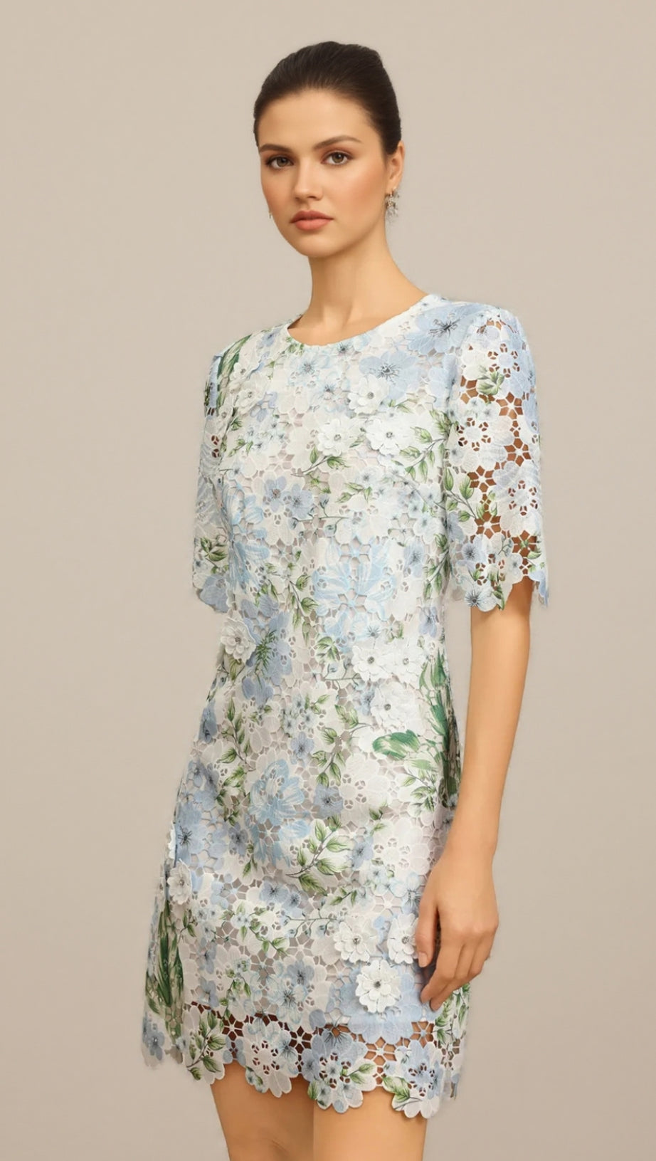 HAZEL FLORAL PRINTED LACE MINI DRESS IN SKY BLUE