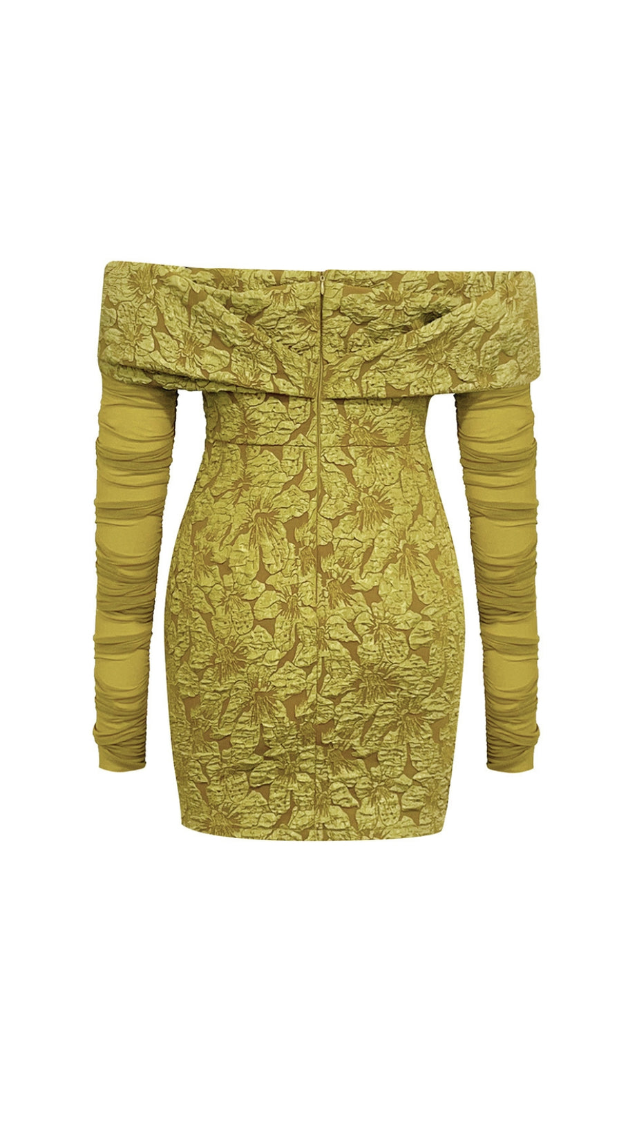 Schulterfreies, gerüschtes Minikleid aus geblümtem Jacquard in Grün