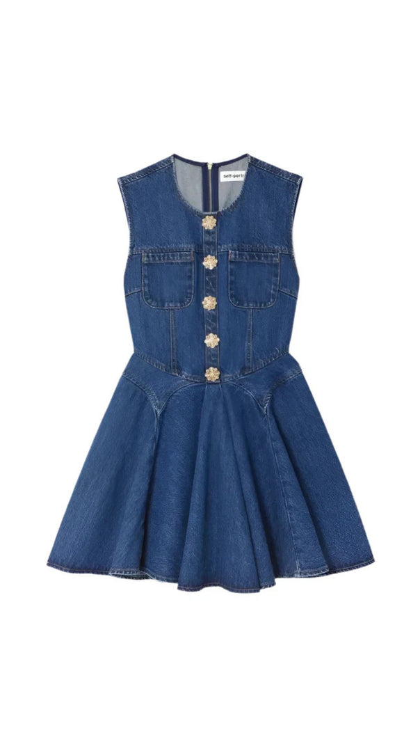 AIIZIE SLEEVELESS FLOWER BUTTON DENIM MINI DRESS IN BLUE - product image