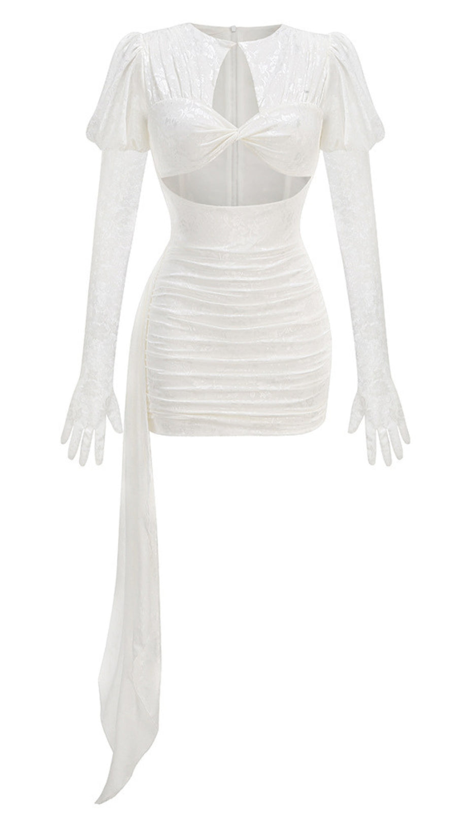 Weißes Minikleid mit Cut-Outs und Rüschen und Handschuhen 