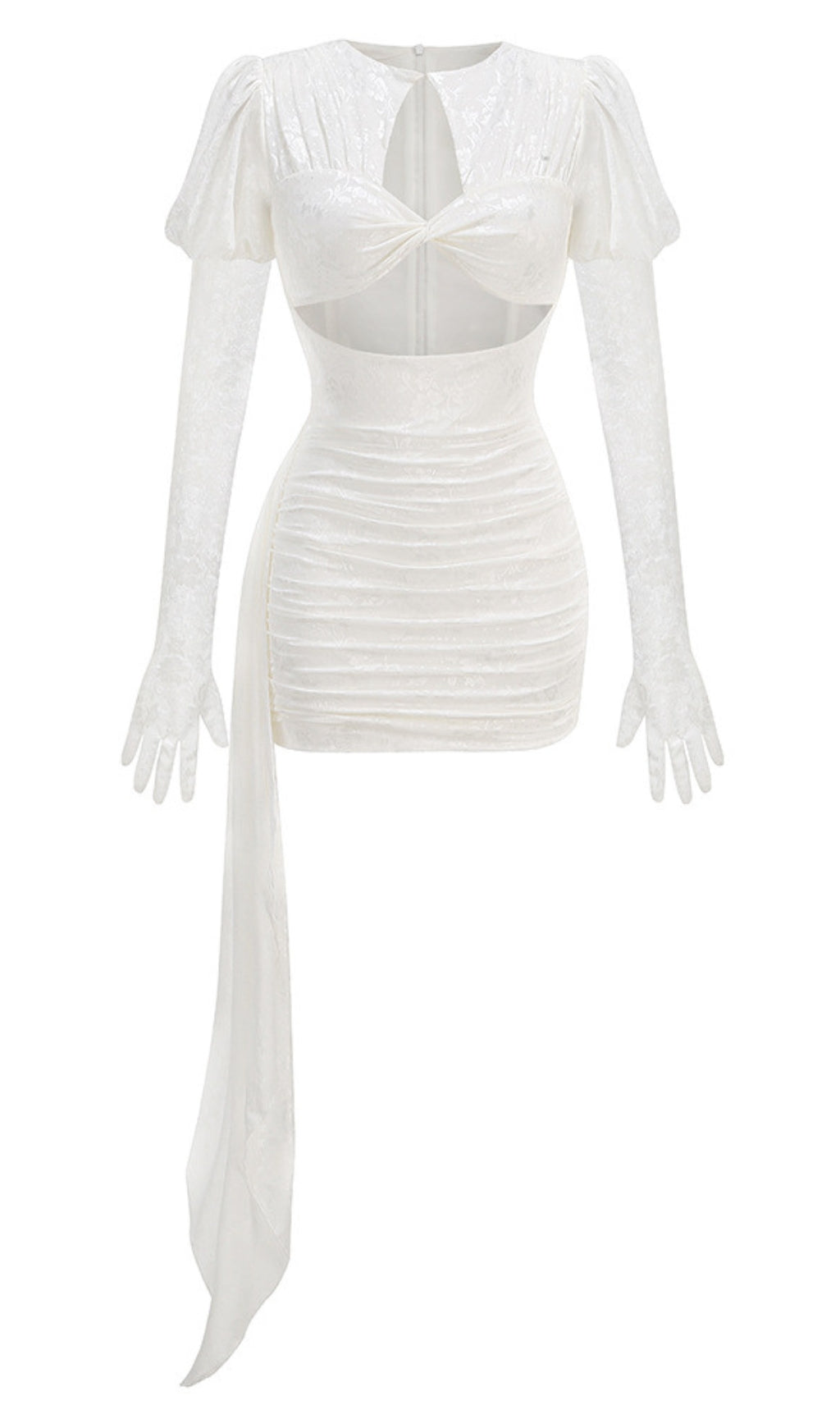 Weißes Minikleid mit Cut-Outs und Rüschen und Handschuhen 