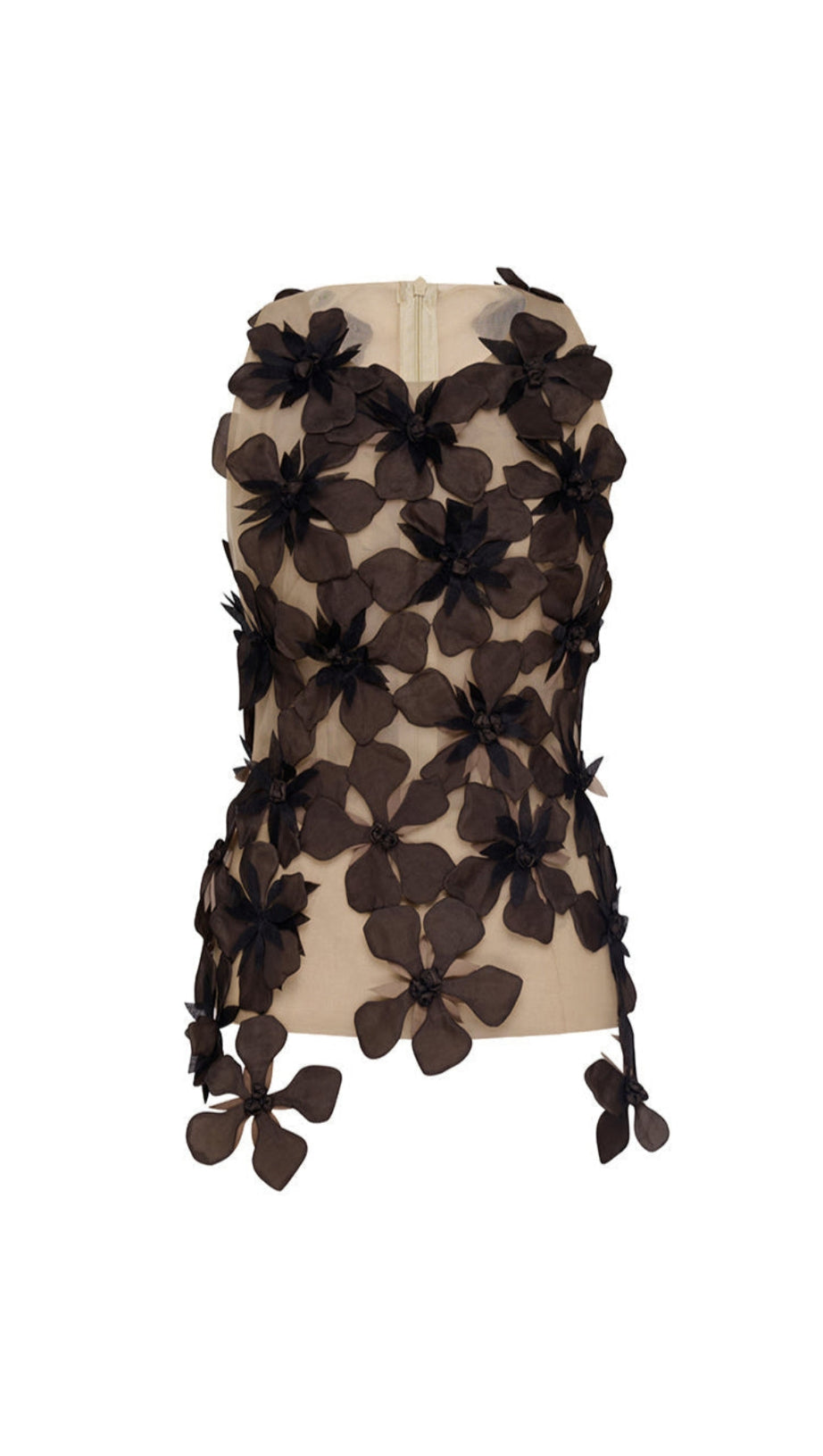 Moyer – Figurbetontes Tülltop mit Blumenapplikation in Schwarz