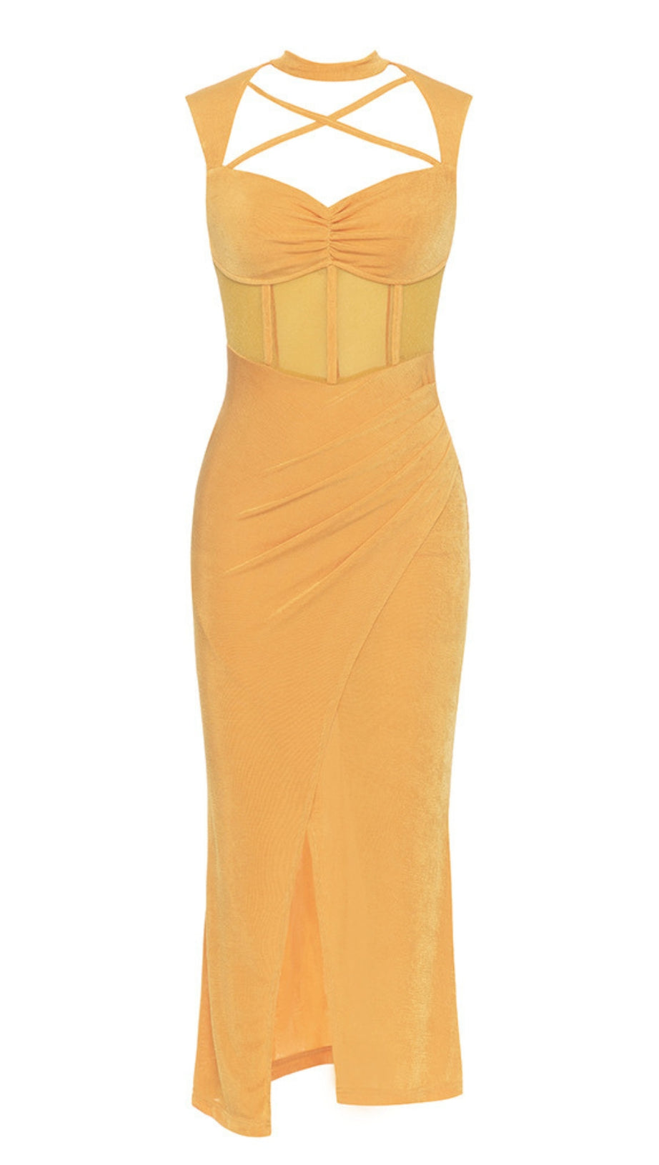 CUTOUT RUCHED MESH - INSERT MIDI DRESS IN ORANGE