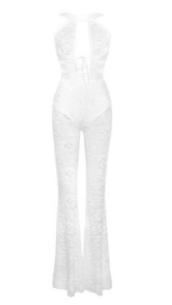 AIIZIE WHITE HALTER NECK LACE JUMPSUIT - product image