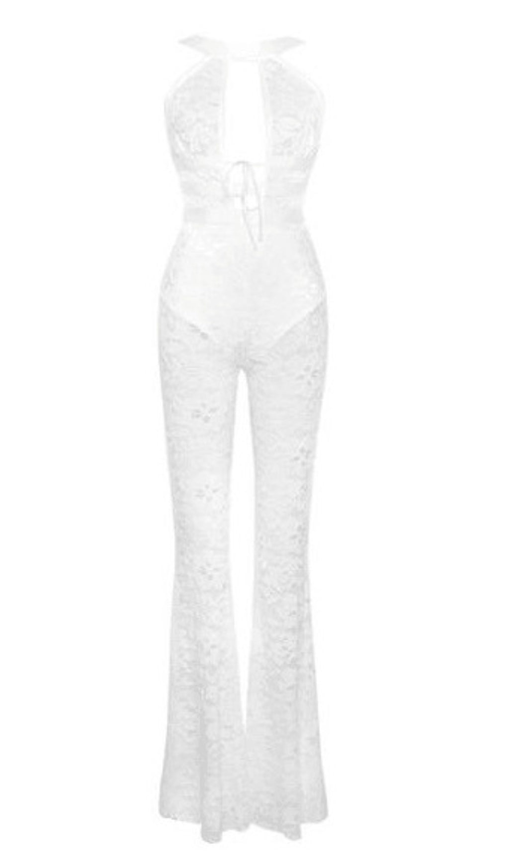 WHITE HALTER NECK LACE JUMPSUIT