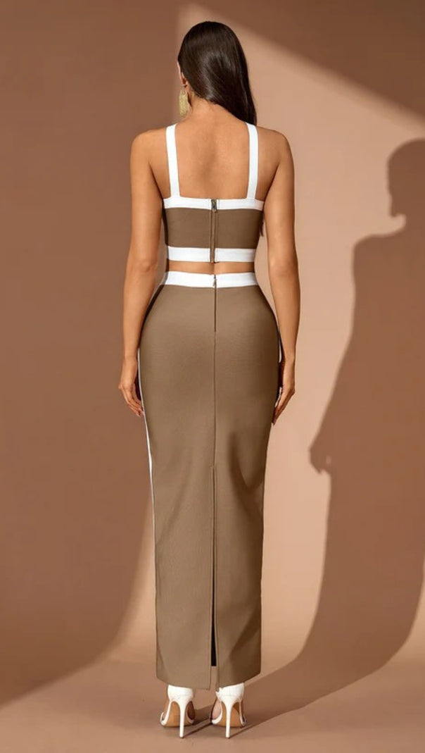 AIIZIE CORA WHITE STRIPED PATCHWORK MAXI BANDAGE SET - BROWN - product image