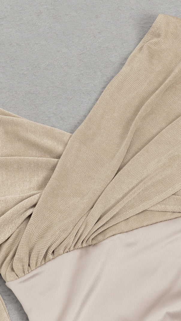 AIIZIE OFF - SHOULDER RUCHED WRAP MIDI DRESS IN NUDE - product image