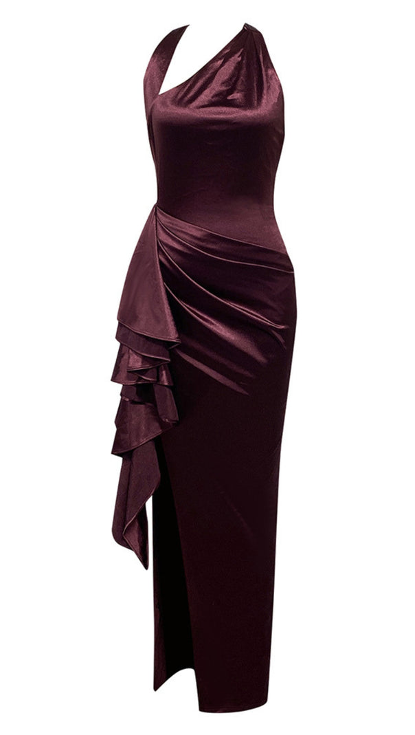 AIIZIE ONE - SHOULDER RUFFLED SLIT MAXI DRESS IN BURGUNDY - product image