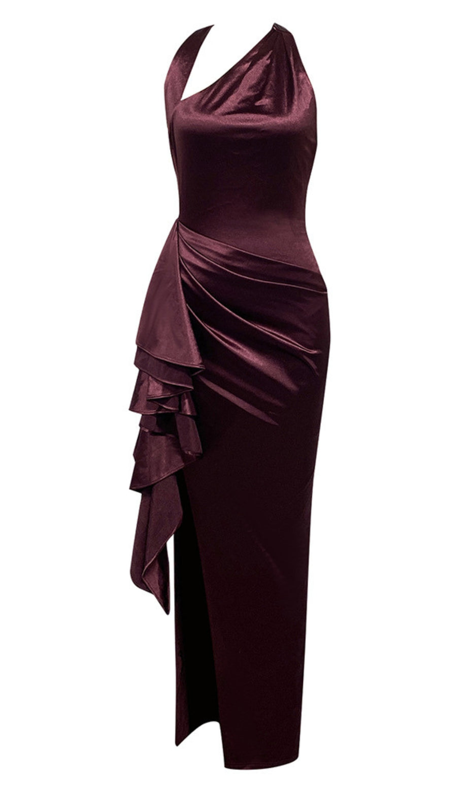 One - Shoulder Ruffled Slit Maxi Dress in Burgundy