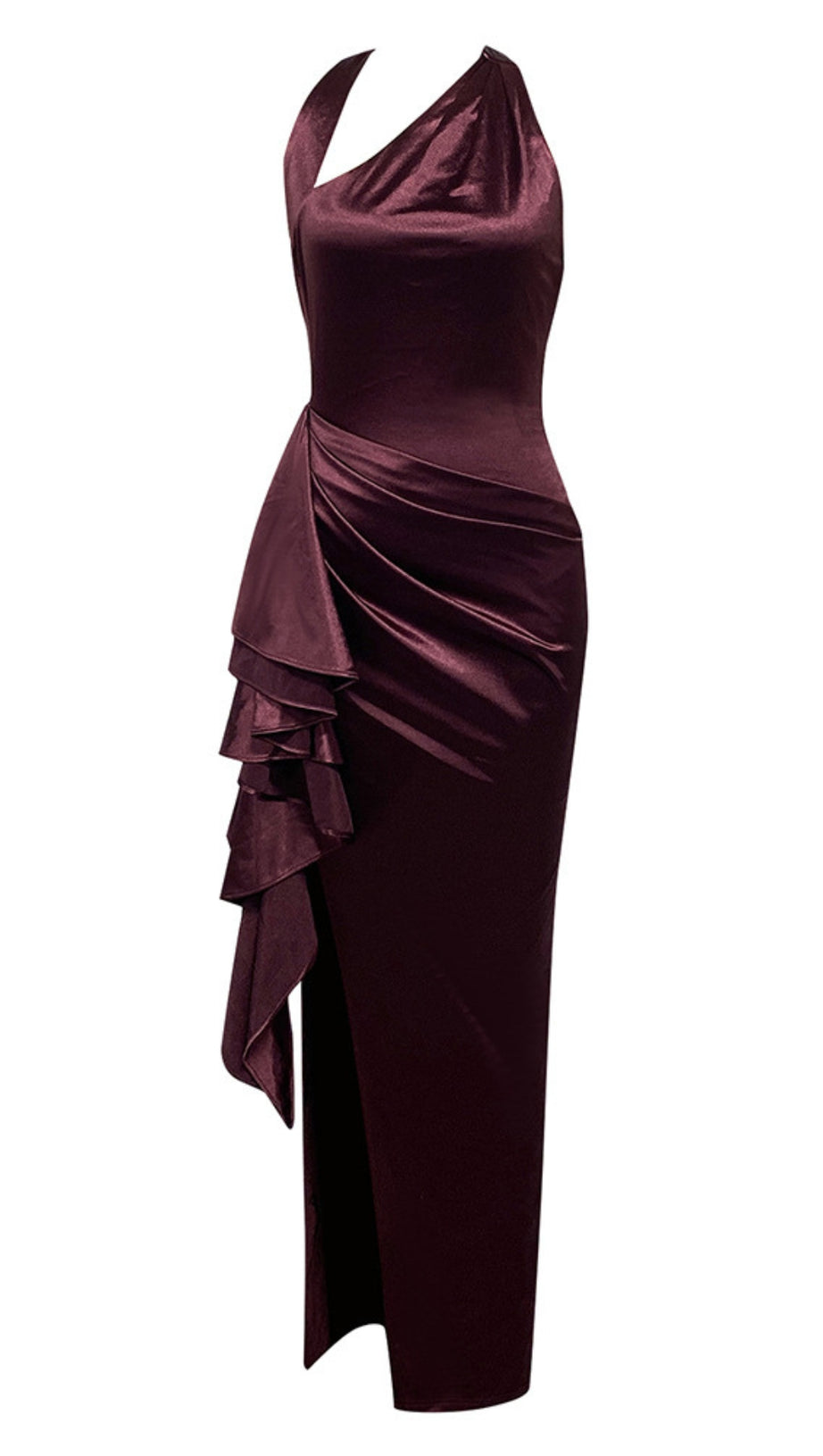 ONE - SHOULDER RUFFLED SLIT MAXI DRESS IN BURGUNDY