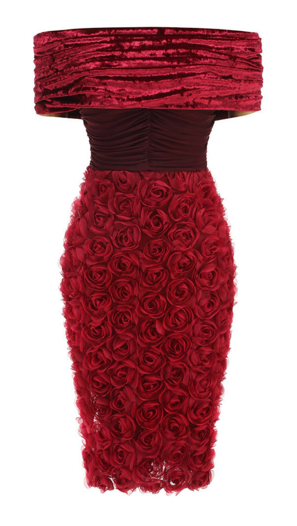AIIZIE RED VELVET OFF - SHOULDER FLORAL APPLIQUE MIDI DRESS - product image