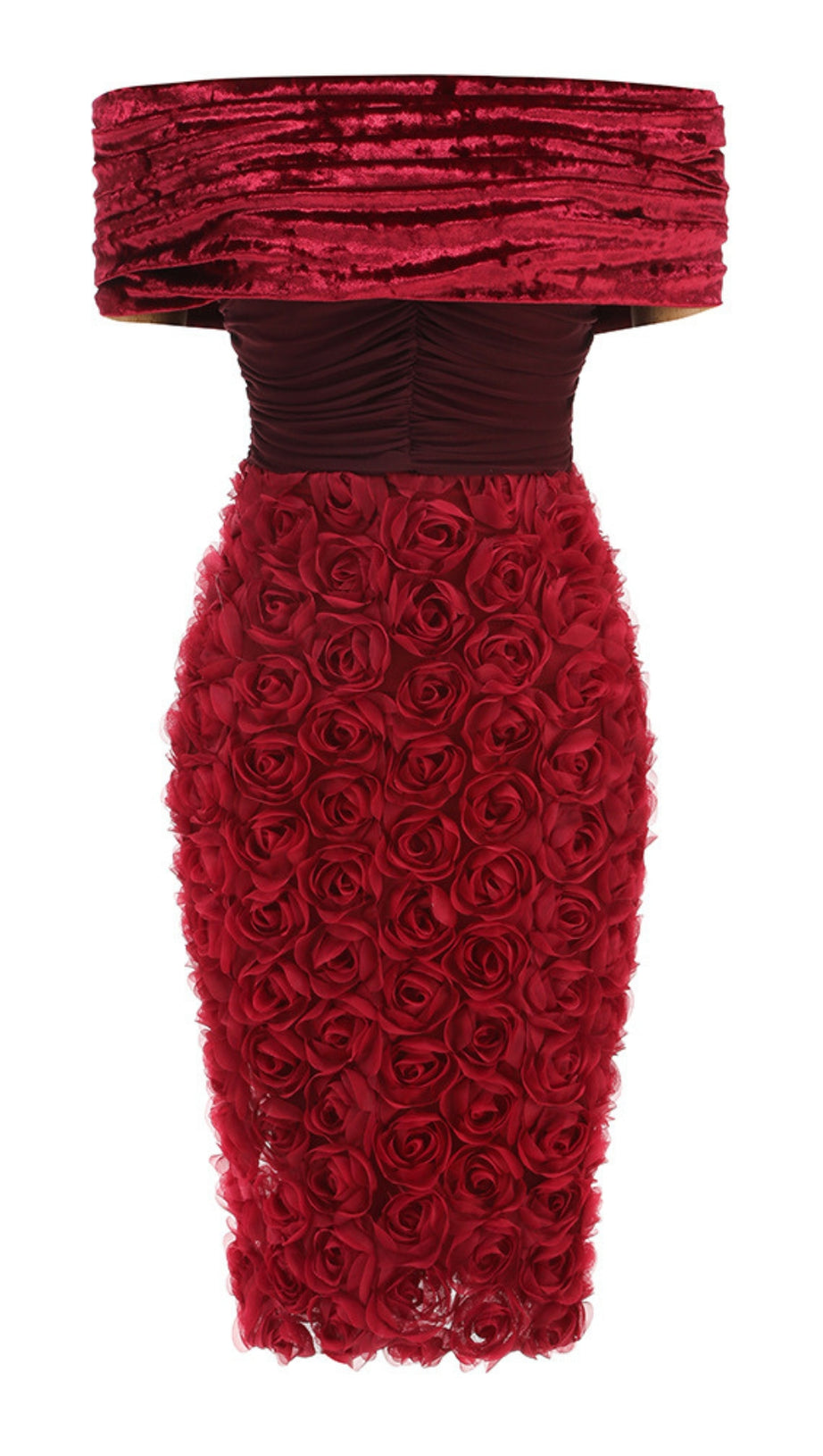 Schulterfreies Midikleid aus rotem Samt mit Blumenapplikation 