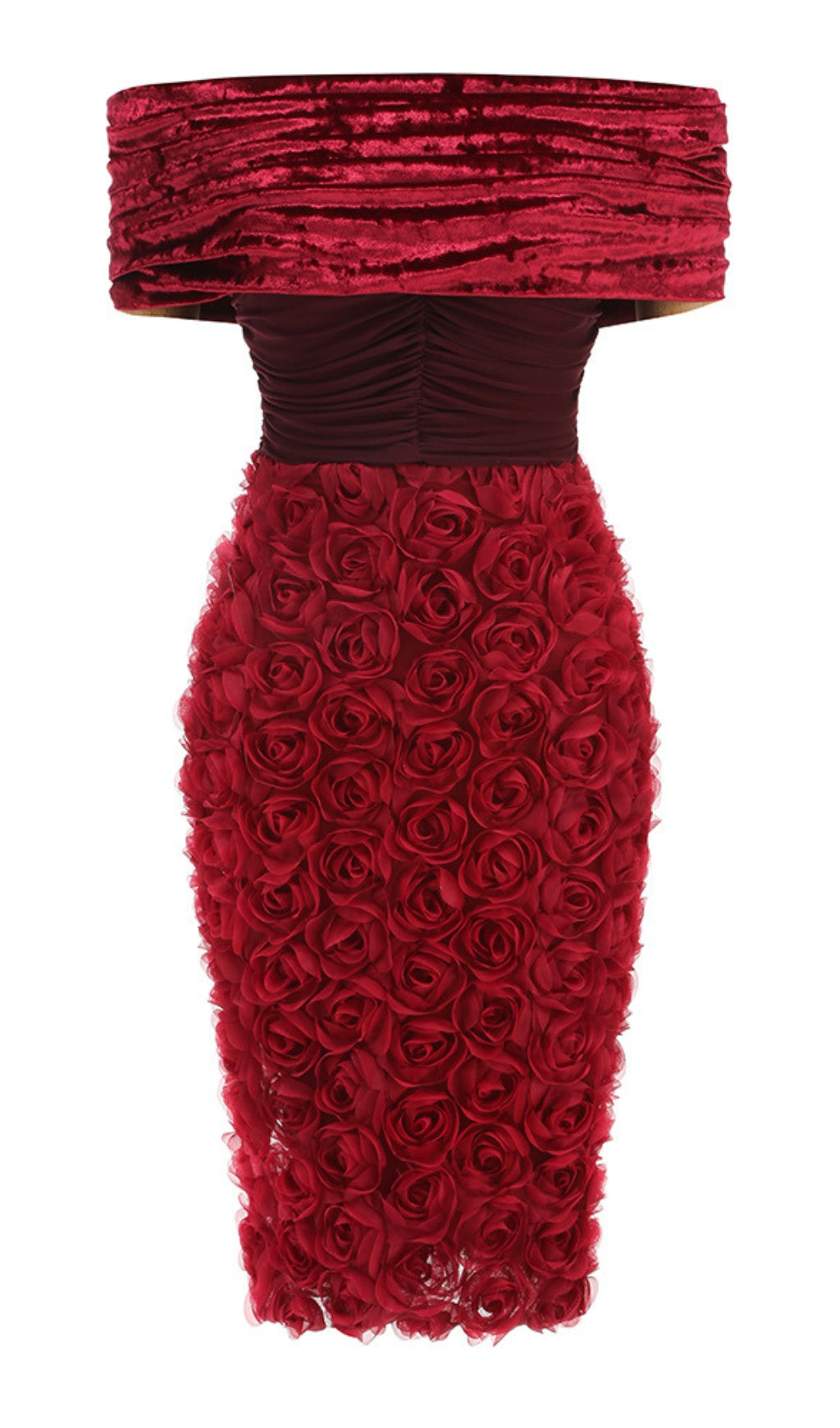 ABITO MIDI IN VELLUTO ROSSO CON SPALLE SCOPERTE E APPLICAZIONI FLOREALI