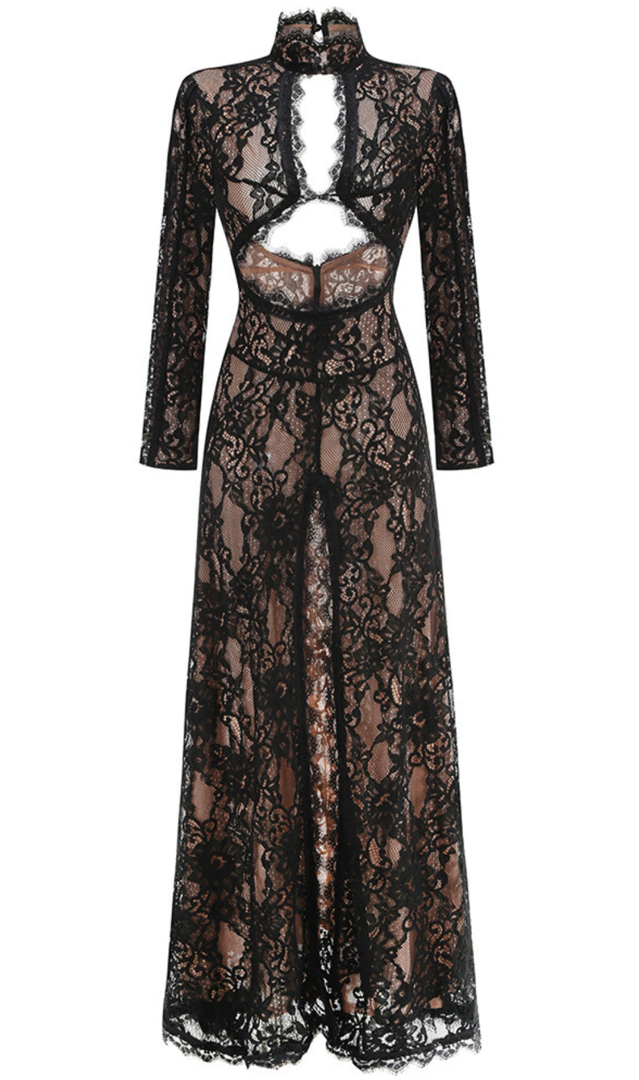 V-NECK LONG-SLEEVED LACE SHEER MAXI DRESS BLACK