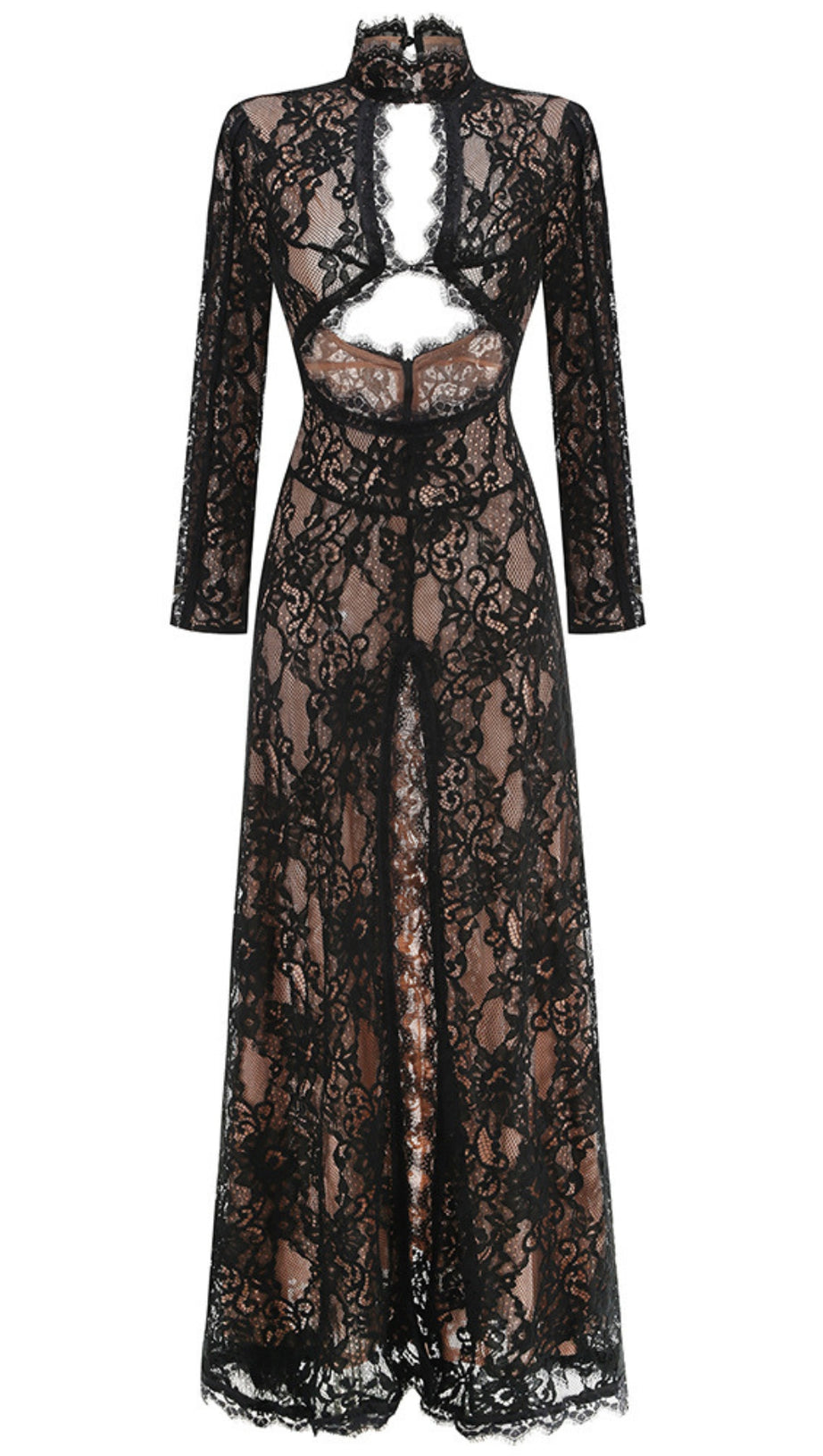 V-NECK LONG-SLEEVED LACE SHEER MAXI DRESS BLACK
