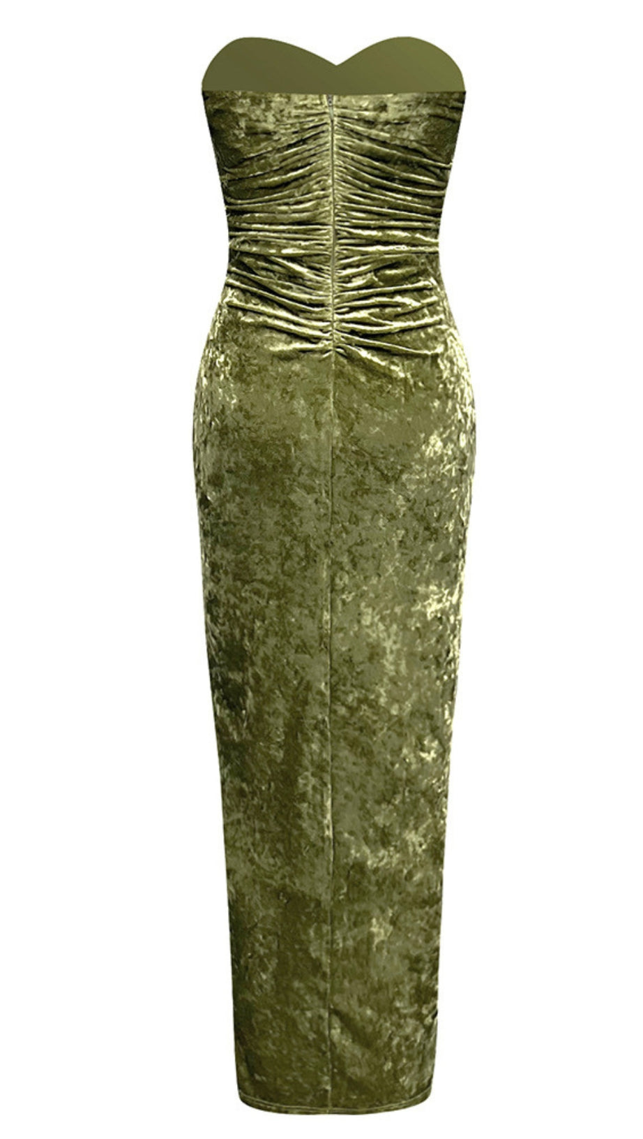 STRAPLESS RUCHED VELVET SLIT MIDI DRESS IN GREEN