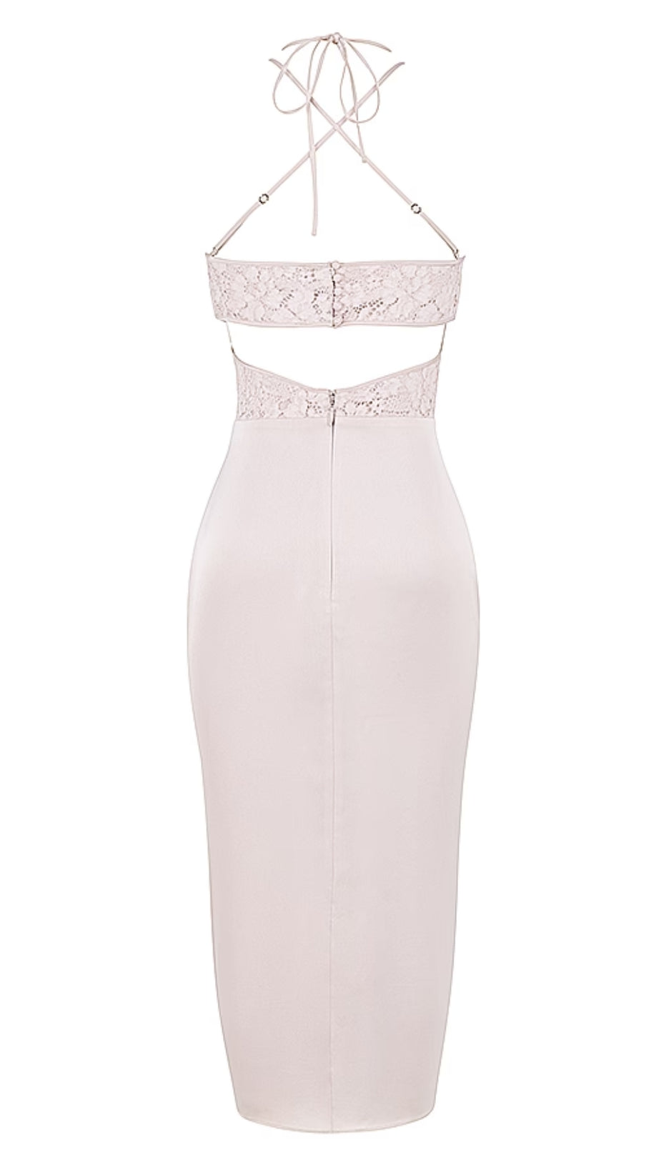 APRICOT CRYSTAL SATIN LACE CUTOUT MIDI DRESS