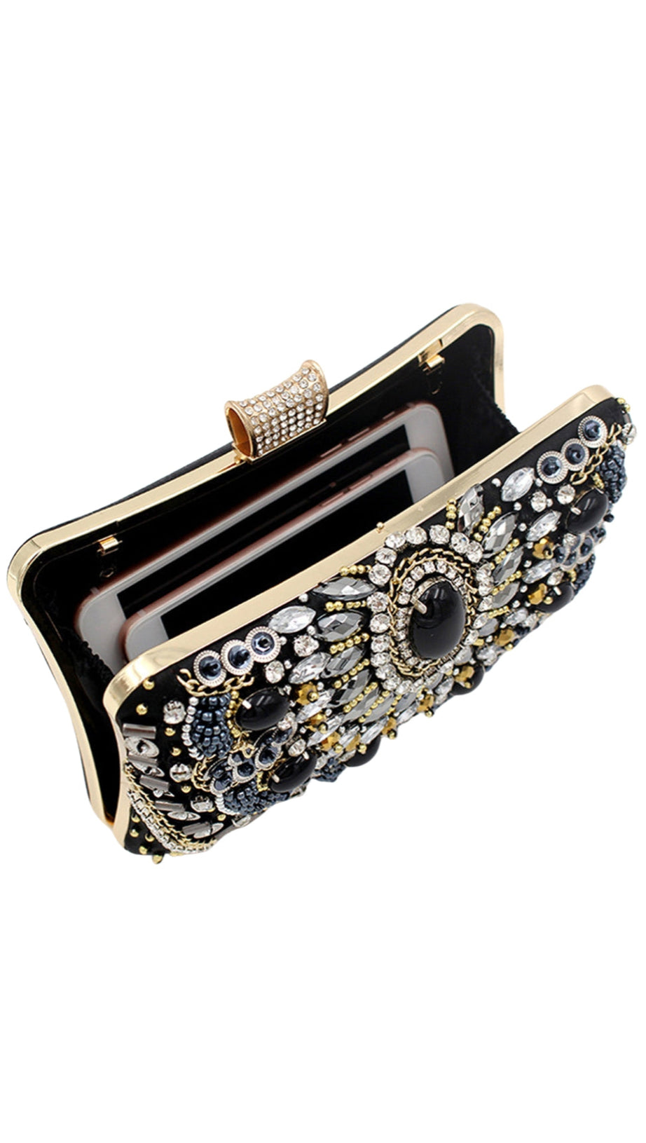 BLACK BEADED SHOULDER CHAIN EVENING CLUTCH