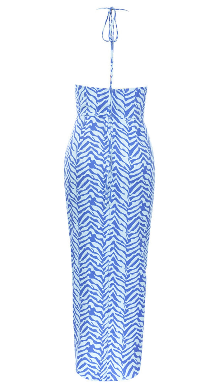 Neckholder-Midikleid mit Rüschen und Zebra-Print in Blau 