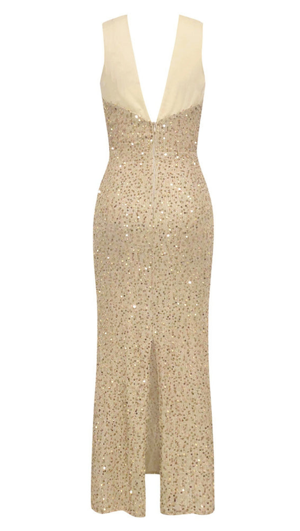AIIZIE SEQUIN HALTER NECK RUCHED MIDI DRESS IN CHAMPAGNE - product image