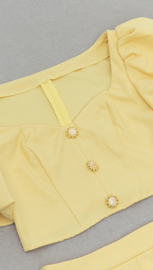 AIIZIE PUFF - SLEEVE BUTTONED CROP TOP AND MERMAID SKIRT SET IN YELLOW - product image