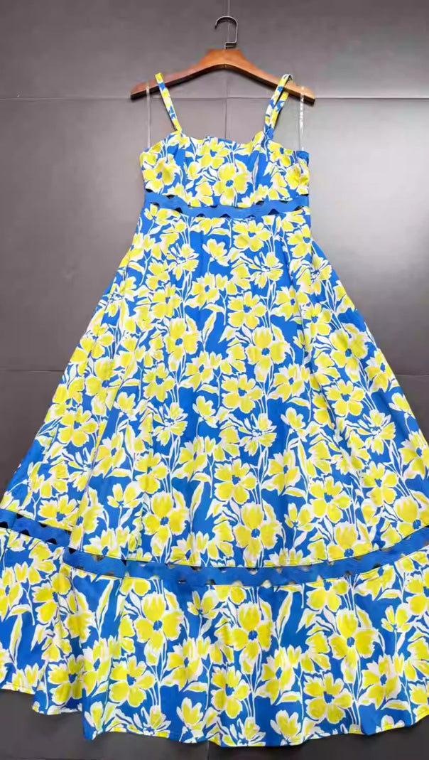 AIIZIE WALLIS FLORAL PRINT HOLLOW MIDI DRESS IN BLUE - product image